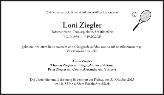 Traueranzeige von Loni Ziegler von Süddeutsche Zeitung
