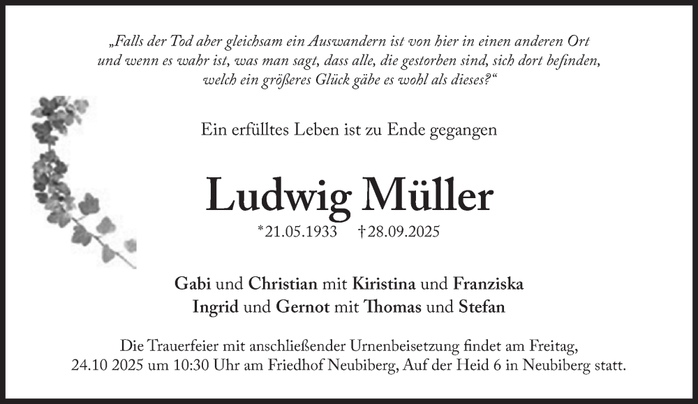  Traueranzeige für Ludwig Müller vom 18.10.2025 aus Süddeutsche Zeitung