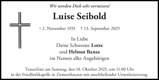 Traueranzeige von Luise Seibold von Süddeutsche Zeitung