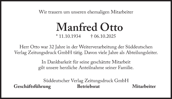 Traueranzeige von Manfred Otto von Süddeutsche Zeitung