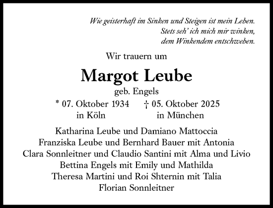 Traueranzeige von Margot Leube von Süddeutsche Zeitung