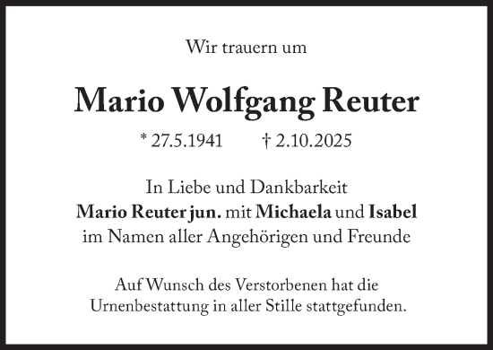 Traueranzeige von Mario Wolfgang Reuter von Süddeutsche Zeitung