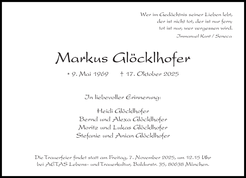 Traueranzeige für Markus Glöcklhofer vom 25.10.2025 aus Süddeutsche Zeitung