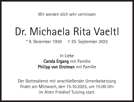 Traueranzeige von Michaela Rita Vaeltl von Süddeutsche Zeitung