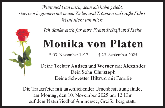 Traueranzeige von Monika von Platen von Süddeutsche Zeitung