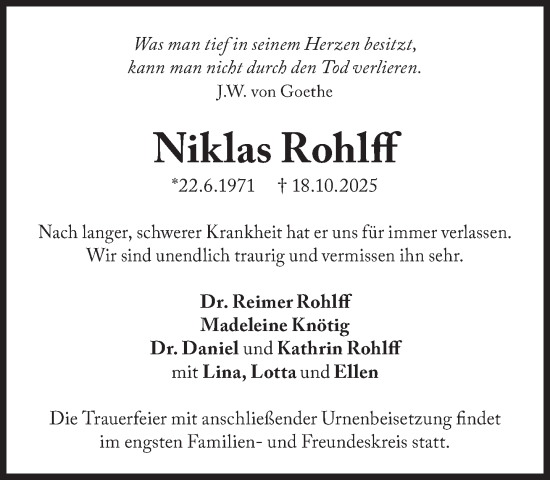 Traueranzeige von Niklas Rohlff von Süddeutsche Zeitung