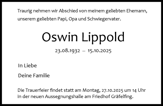 Traueranzeige von Oswin Lippold von Süddeutsche Zeitung