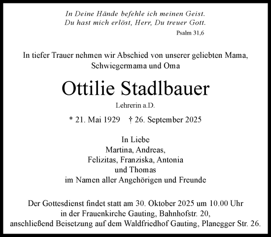 Traueranzeige von Ottilie Stadlbauer von Süddeutsche Zeitung