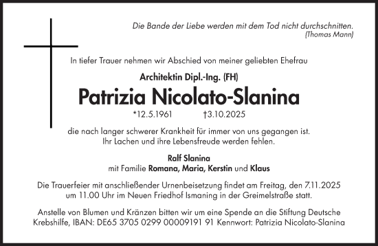 Traueranzeige von Patrizia Nicolato-Slanina von Süddeutsche Zeitung