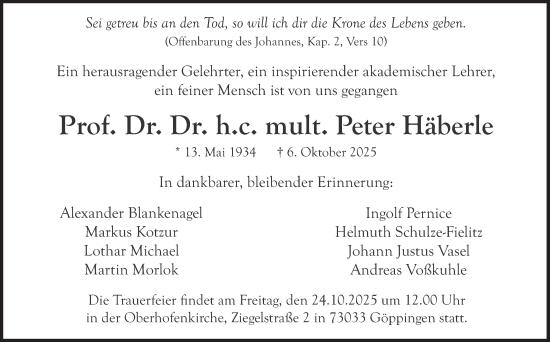 Traueranzeige von Peter Häberle von Süddeutsche Zeitung