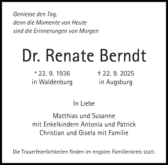 Traueranzeige von Renate Berndt von Süddeutsche Zeitung