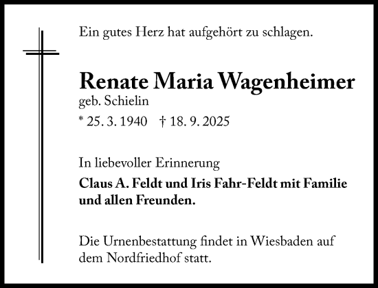 Traueranzeige von Renate Maria Wagenheimer von Süddeutsche Zeitung