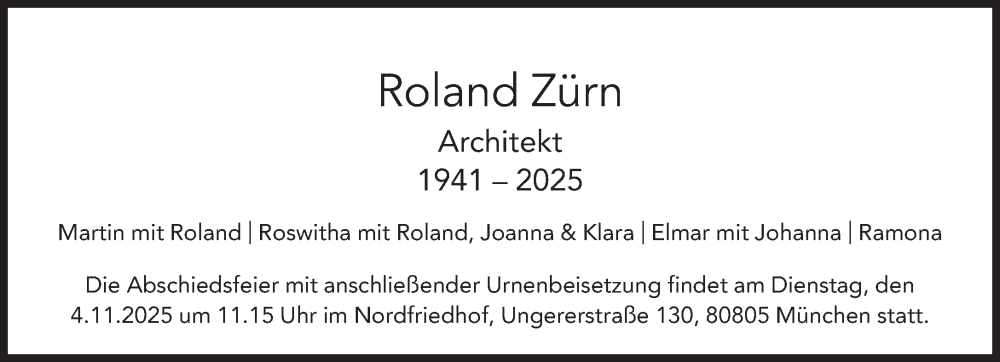  Traueranzeige für Roland Zürn vom 25.10.2025 aus Süddeutsche Zeitung