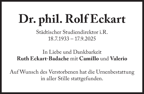 Traueranzeige von Rolf Eckart von Süddeutsche Zeitung