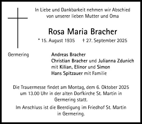 Traueranzeige von Rosa Maria Bracher von Süddeutsche Zeitung