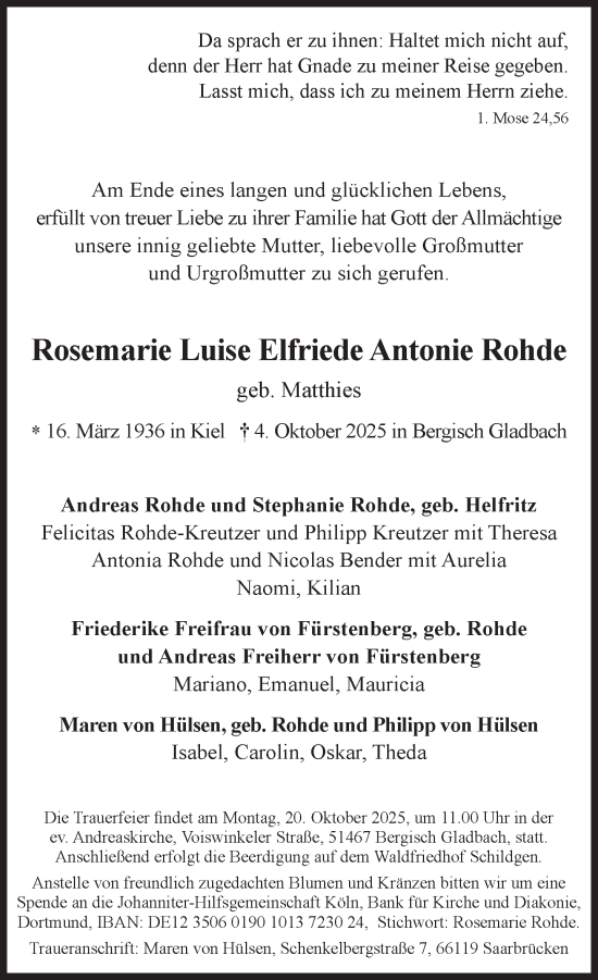 Traueranzeige von Rosemarie Luise Elfriede Antonie Rohde von Süddeutsche Zeitung