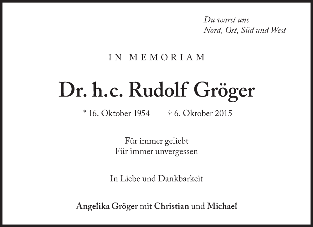  Traueranzeige für Rudolf Gröger vom 06.10.2025 aus Süddeutsche Zeitung