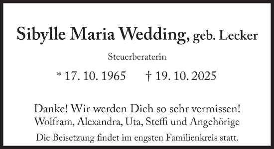 Traueranzeige von Sibylle Maria Wedding von Süddeutsche Zeitung