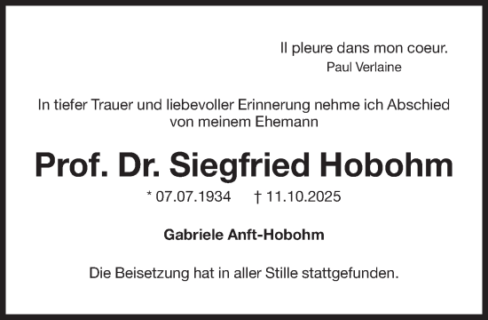 Traueranzeige von Siegfried Hobohm von Süddeutsche Zeitung