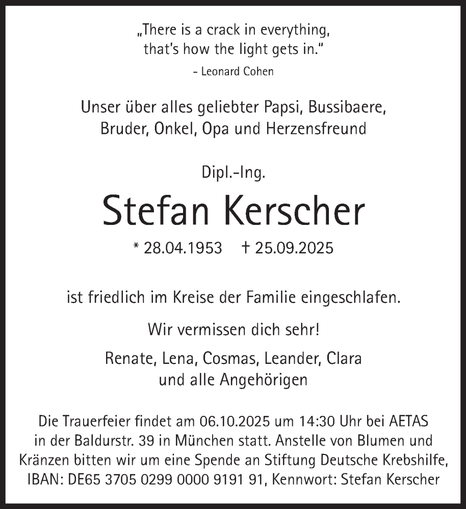  Traueranzeige für Stefan Kerscher vom 04.10.2025 aus Süddeutsche Zeitung