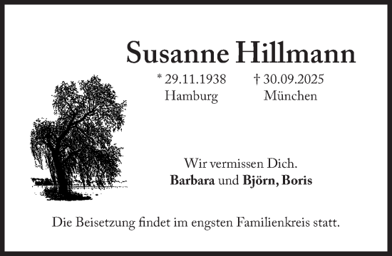 Traueranzeige von Susanne Hillmann von Süddeutsche Zeitung
