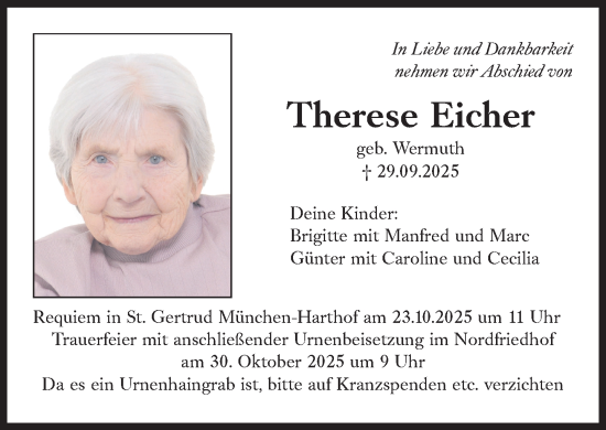 Traueranzeige von Therese Eicher von Süddeutsche Zeitung