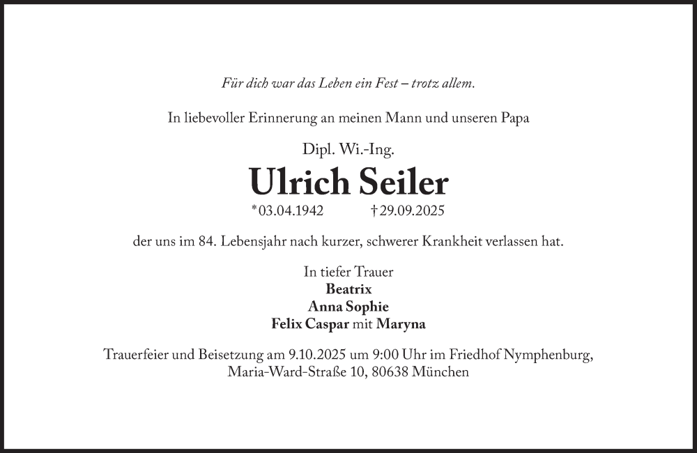  Traueranzeige für Ulrich Seiler vom 04.10.2025 aus Süddeutsche Zeitung