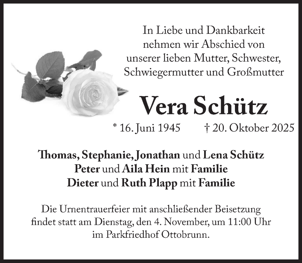  Traueranzeige für Vera Schütz vom 25.10.2025 aus Süddeutsche Zeitung