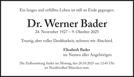 Traueranzeige von Werner Bader von Süddeutsche Zeitung