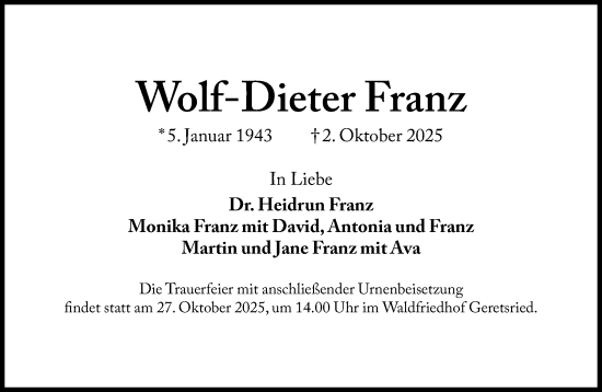 Traueranzeige von Wolf-Dieter Franz von Süddeutsche Zeitung