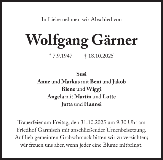 Traueranzeige von Wolfgang Gärner von Süddeutsche Zeitung