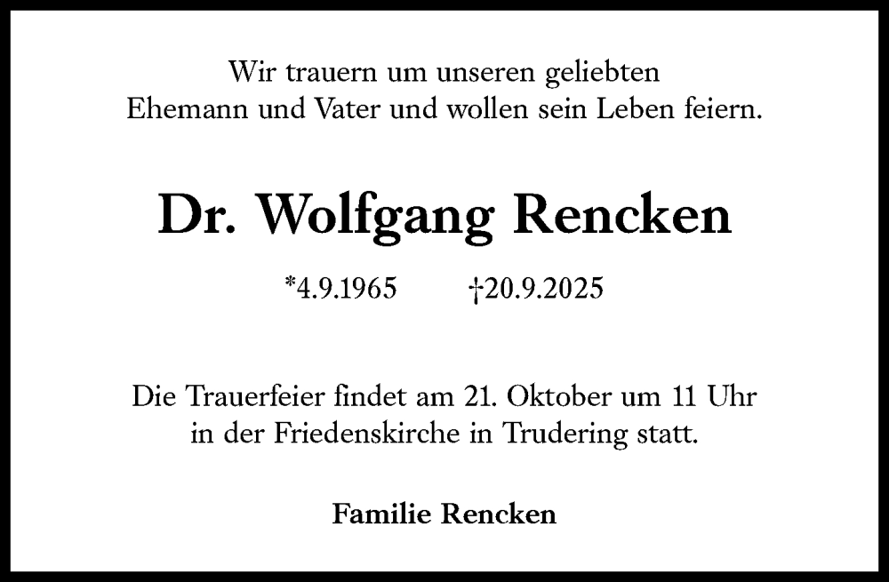  Traueranzeige für Wolfgang Rencken vom 04.10.2025 aus Süddeutsche Zeitung