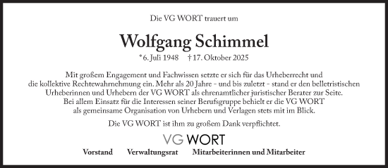 Traueranzeige von Wolfgang Schimmel von Süddeutsche Zeitung