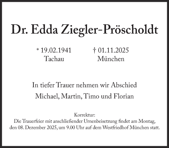 Traueranzeige von Edda Ziegler-Pröscholdt von Süddeutsche Zeitung