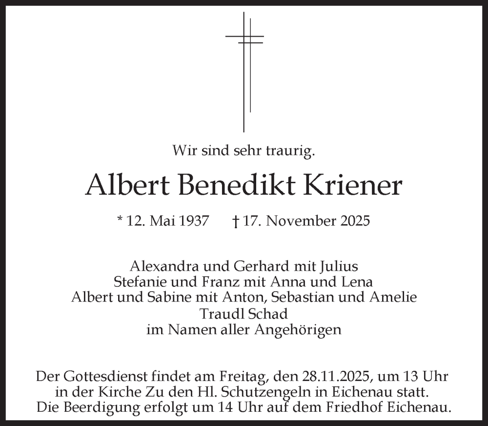  Traueranzeige für Albert Benedikt Kriener vom 22.11.2025 aus Süddeutsche Zeitung