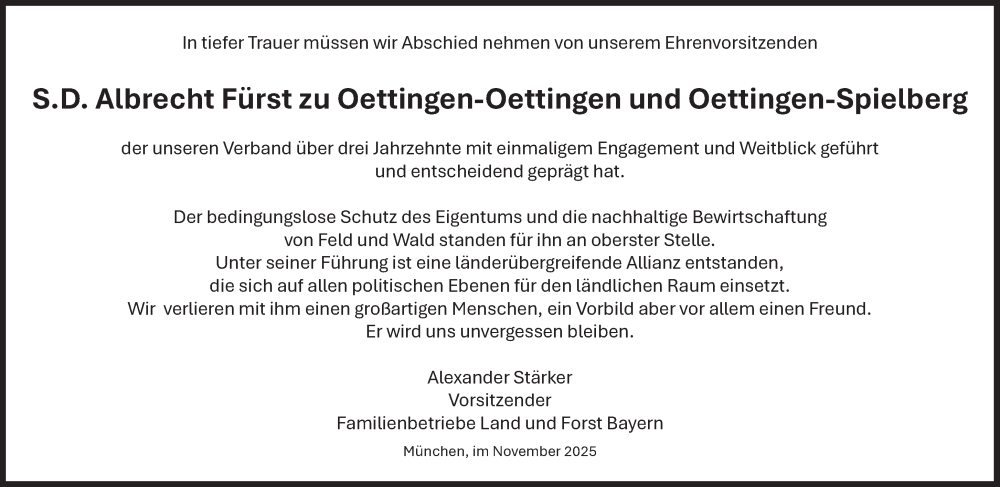  Traueranzeige für Albrecht Fürst zu Oettingen-Oettingen und Oettingen-Spielberg vom 19.11.2025 aus Süddeutsche Zeitung