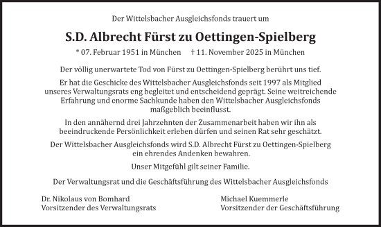 Traueranzeige von Albrecht Fürst zu Oettingen-Spielberg von Süddeutsche Zeitung