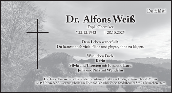 Traueranzeige von Alfons Weiß von Süddeutsche Zeitung