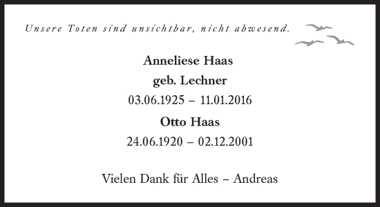 Traueranzeige von Anneliese Haas von Süddeutsche Zeitung