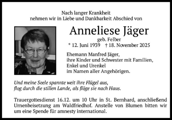 Traueranzeige von Anneliese Jäger von Süddeutsche Zeitung