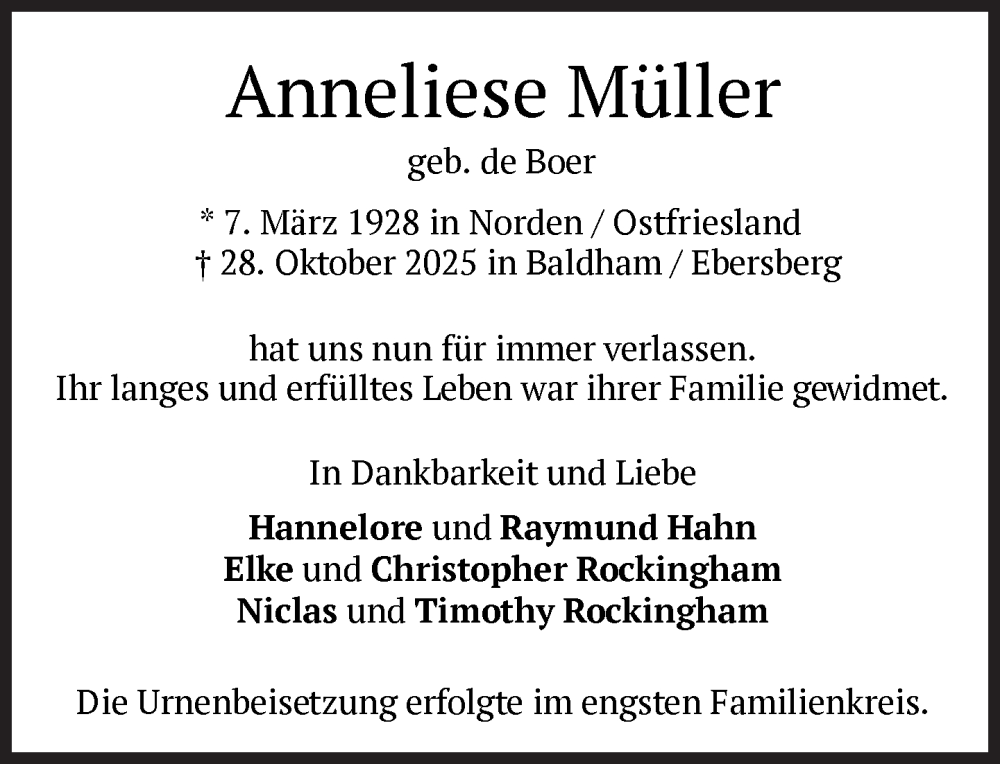  Traueranzeige für Anneliese Müller vom 15.11.2025 aus Süddeutsche Zeitung