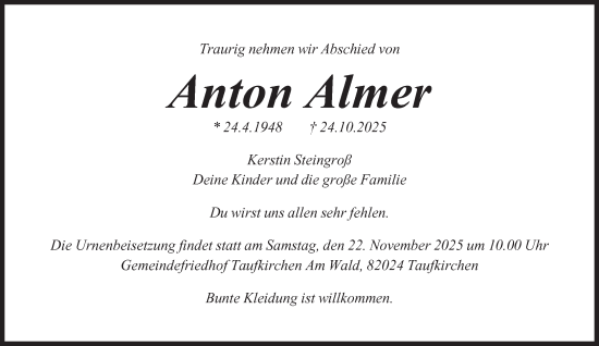 Traueranzeige von Anton Almer von Süddeutsche Zeitung