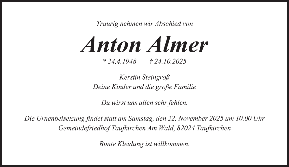  Traueranzeige für Anton Almer vom 08.11.2025 aus Süddeutsche Zeitung