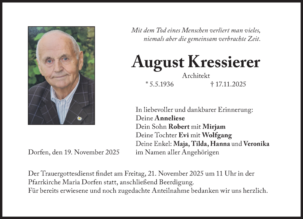 Traueranzeige für August Kressierer vom 19.11.2025 aus Süddeutsche Zeitung