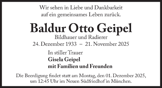 Traueranzeige von Baldur Otto Geipel von Süddeutsche Zeitung