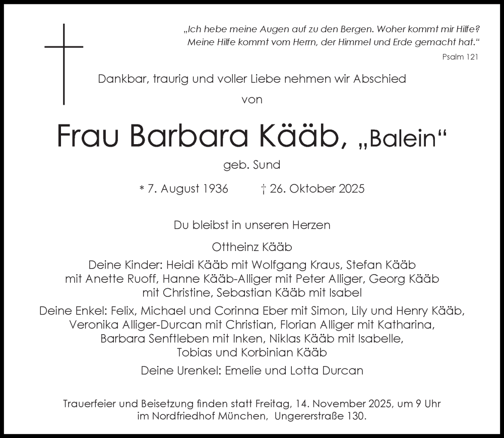  Traueranzeige für Barbara Kääb vom 31.10.2025 aus Süddeutsche Zeitung