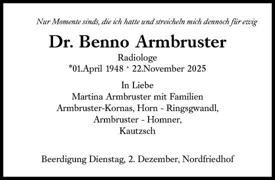 Traueranzeige von Benno Armbruster von Süddeutsche Zeitung