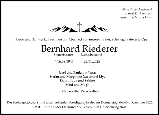 Traueranzeige von Bernhard Riederer von Süddeutsche Zeitung