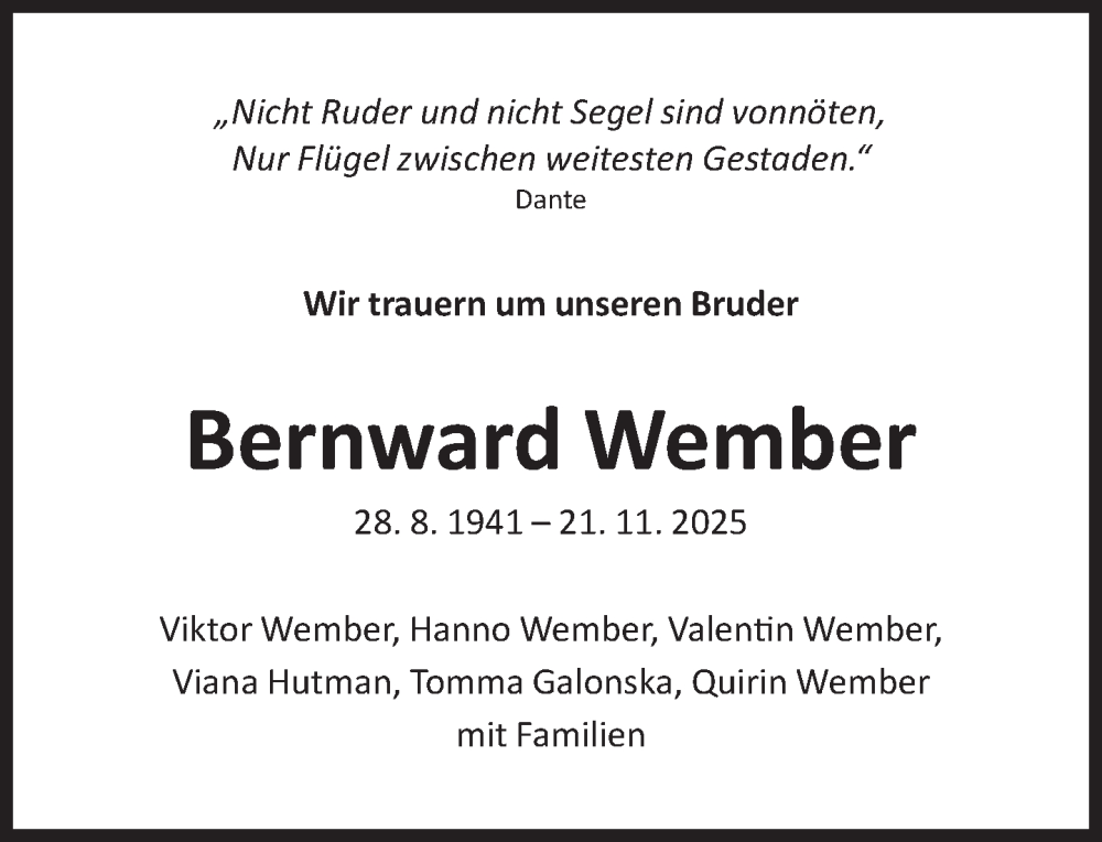  Traueranzeige für Bernward Wember vom 29.11.2025 aus Süddeutsche Zeitung