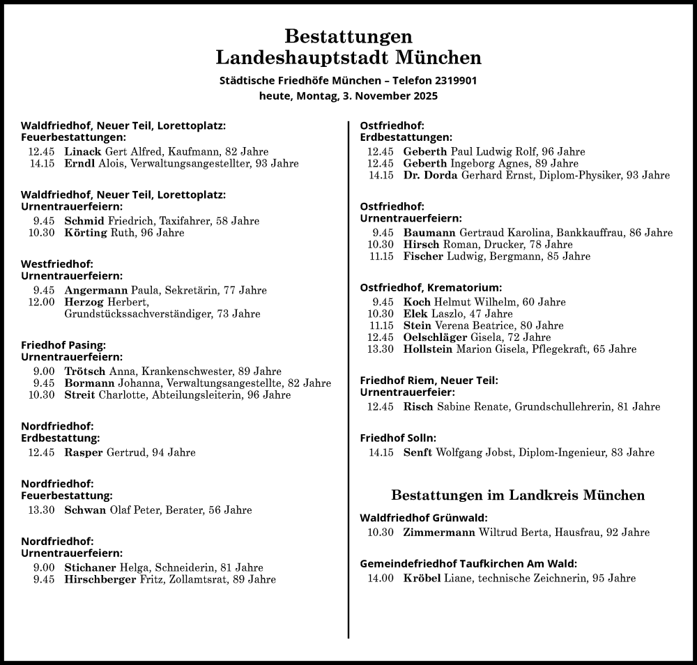  Traueranzeige für Bestattungen vom 03.11.2025 vom 03.11.2025 aus Süddeutsche Zeitung
